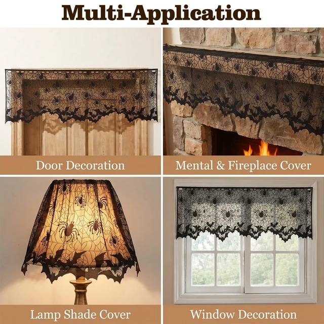 Alt view image 5 of 7 - 2 Pcs Halloween Spider Web Lamp Shade Topper, 20 X 60 Inch Halloween Decor | Black Lace Lampshade Cover with Ribbon for Halloween Decorations Indoor