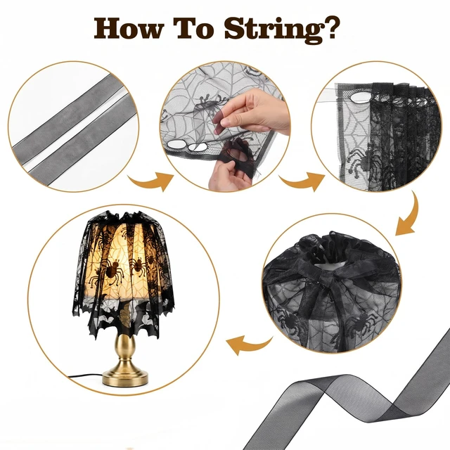 Alt view image 6 of 7 - 2 Pcs Halloween Spider Web Lamp Shade Topper, 20 X 60 Inch Halloween Decor | Black Lace Lampshade Cover with Ribbon for Halloween Decorations Indoor