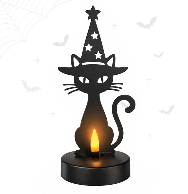 Main image of Halloween Decor, Black Cat Metal Light with Dancing Flame Effect | Halloween Figurine Lamps, Best Gift for Halloween Lovers, Indoor Party Decor