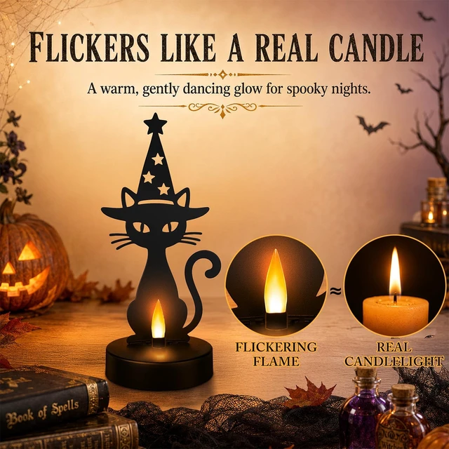 Alt view image 3 of 7 - Halloween Decor, Black Cat Metal Light with Dancing Flame Effect | Halloween Figurine Lamps, Best Gift for Halloween Lovers, Indoor Party Decor