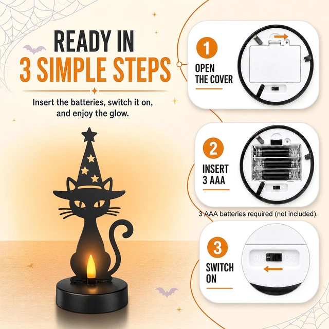 Alt view image 4 of 7 - Halloween Decor, Black Cat Metal Light with Dancing Flame Effect | Halloween Figurine Lamps, Best Gift for Halloween Lovers, Indoor Party Decor