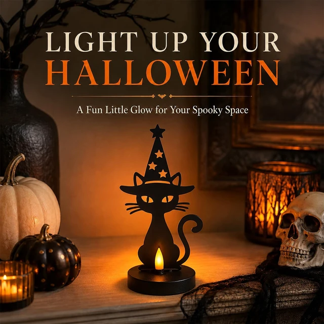 Alt view image 5 of 7 - Halloween Decor, Black Cat Metal Light with Dancing Flame Effect | Halloween Figurine Lamps, Best Gift for Halloween Lovers, Indoor Party Decor