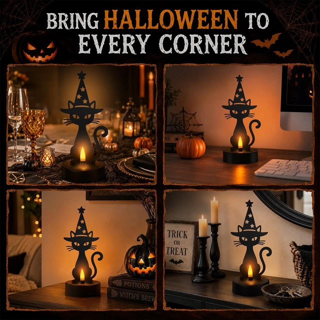 Alt view image 6 of 7 - Halloween Decor, Black Cat Metal Light with Dancing Flame Effect | Halloween Figurine Lamps, Best Gift for Halloween Lovers, Indoor Party Decor