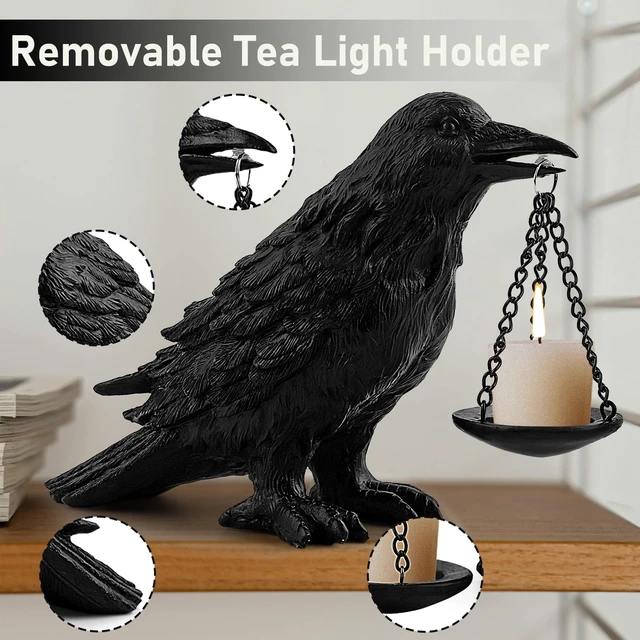 Alt view image 3 of 6 - Gothic Crow Lamp with Tealight Candle Holder Resin Raven Decor Statue Gothic Home Decor for Bedroom Unique Goth Gifts Black