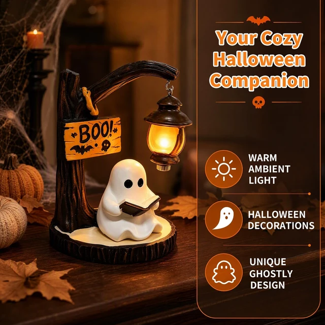 Alt view image 3 of 6 - Ghost Bookshelf Lantern, Cute Ghost Reading Book Lamp, Under Tree Ghost Lamp, Halloween Lamp, Halloween Decorations Ideal for Desks, Mantels