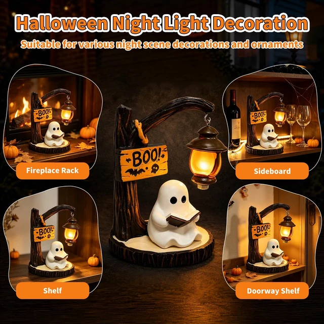 Alt view image 5 of 6 - Ghost Bookshelf Lantern, Cute Ghost Reading Book Lamp, Under Tree Ghost Lamp, Halloween Lamp, Halloween Decorations Ideal for Desks, Mantels