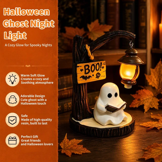 Alt view image 4 of 6 - Ghost Bookshelf Lantern, Cute Ghost Reading Book Lamp, Under Tree Ghost Lamp, Halloween Lamp, Halloween Decorations Ideal for Desks, Mantels