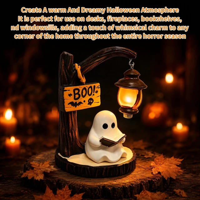 Alt view image 6 of 6 - Ghost Bookshelf Lantern, Cute Ghost Reading Book Lamp, Under Tree Ghost Lamp, Halloween Lamp, Halloween Decorations Ideal for Desks, Mantels
