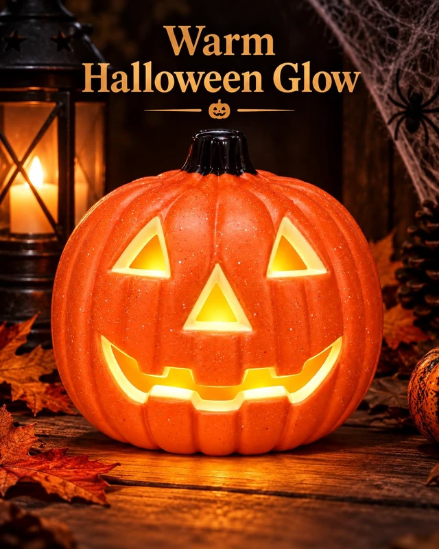 Alt view image 3 of 7 - 8 Inch Light Up Jack O Lantern, LED Halloween Pumpkin Decoration, Plastic Pumpkin Lantern for Indoor Table, Mantel and Party Decor (AA Batteries Not Included)