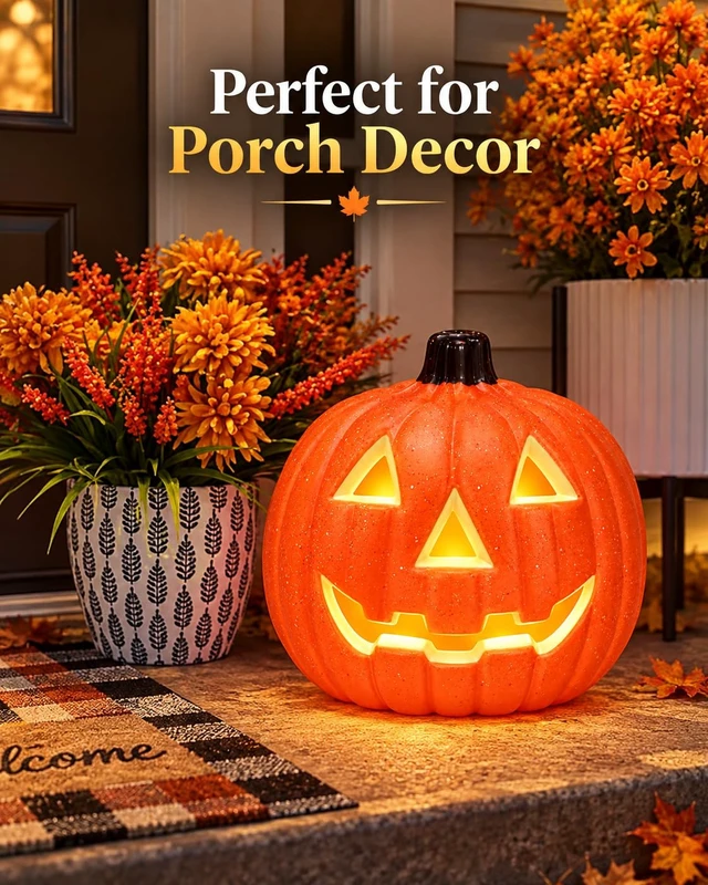 Alt view image 4 of 7 - 8 Inch Light Up Jack O Lantern, LED Halloween Pumpkin Decoration, Plastic Pumpkin Lantern for Indoor Table, Mantel and Party Decor (AA Batteries Not Included)