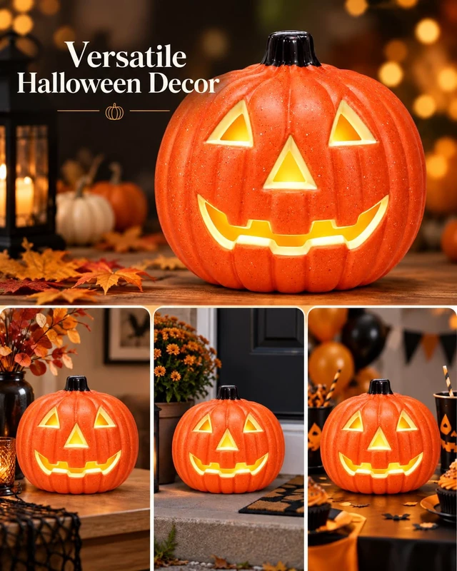 Alt view image 5 of 7 - 8 Inch Light Up Jack O Lantern, LED Halloween Pumpkin Decoration, Plastic Pumpkin Lantern for Indoor Table, Mantel and Party Decor (AA Batteries Not Included)