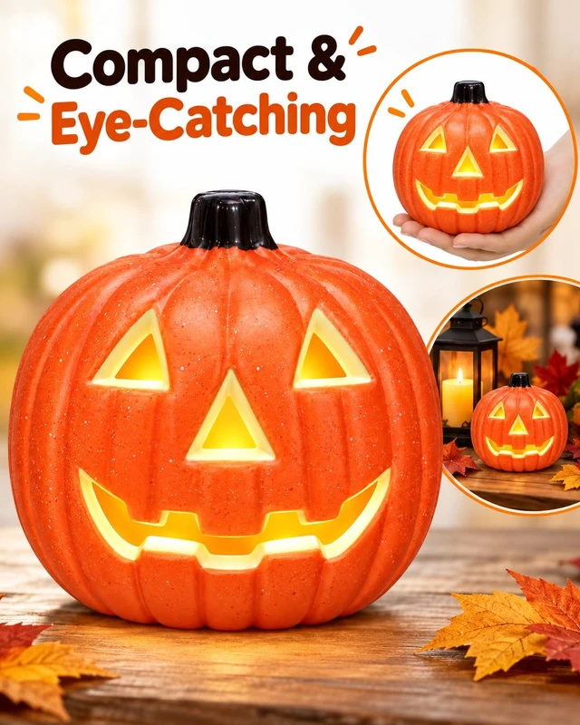 Alt view image 2 of 7 - 8 Inch Light Up Jack O Lantern, LED Halloween Pumpkin Decoration, Plastic Pumpkin Lantern for Indoor Table, Mantel and Party Decor (AA Batteries Not Included)