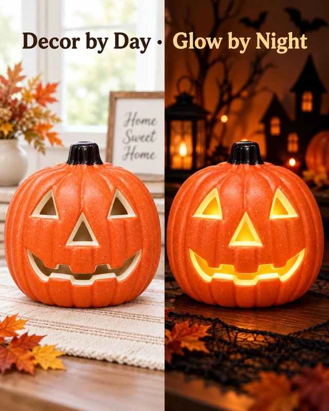 Alt view image 6 of 7 - 8 Inch Light Up Jack O Lantern, LED Halloween Pumpkin Decoration, Plastic Pumpkin Lantern for Indoor Table, Mantel and Party Decor (AA Batteries Not Included)
