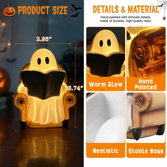 Alt view image 3 of 6 - 3.7" Halloween Decorations Indoor Ghost Reading Book Lamp Ghost Decor