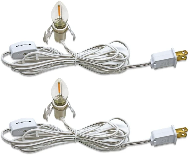 Main image of 2Pack Accessory Cord with C7 Led Light Bulb Candelabra-Base E12 Socket | 6 Feet White Cord with On/Off Switch Plugs for Holiday Decorations, Christmas Village House, Pumpkin Lights