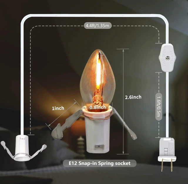 Alt view image 2 of 7 - 2Pack Accessory Cord with C7 Led Light Bulb Candelabra-Base E12 Socket | 6 Feet White Cord with On/Off Switch Plugs for Holiday Decorations, Christmas Village House, Pumpkin Lights