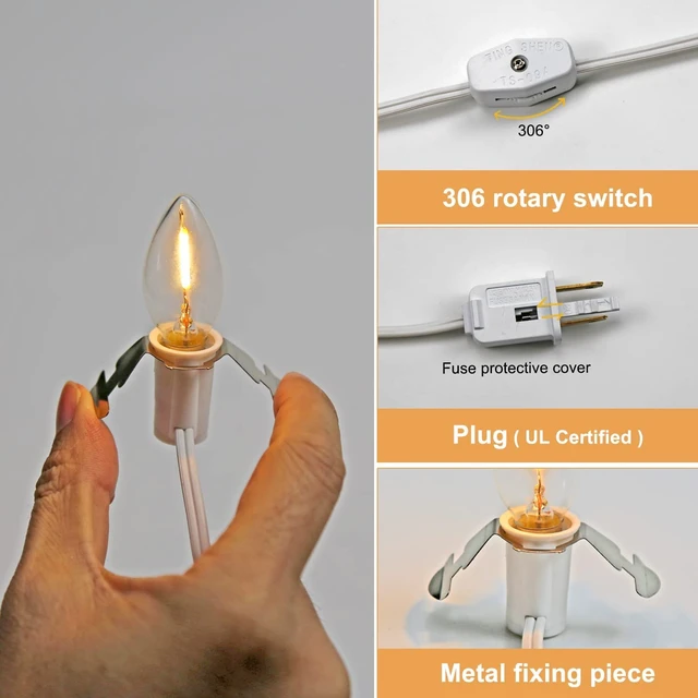 Alt view image 3 of 7 - 2Pack Accessory Cord with C7 Led Light Bulb Candelabra-Base E12 Socket | 6 Feet White Cord with On/Off Switch Plugs for Holiday Decorations, Christmas Village House, Pumpkin Lights