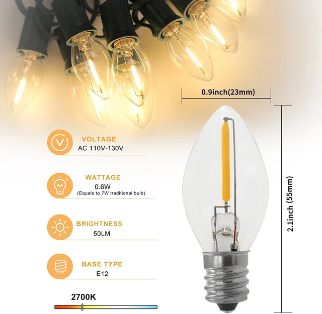 Alt view image 4 of 7 - 2Pack Accessory Cord with C7 Led Light Bulb Candelabra-Base E12 Socket | 6 Feet White Cord with On/Off Switch Plugs for Holiday Decorations, Christmas Village House, Pumpkin Lights