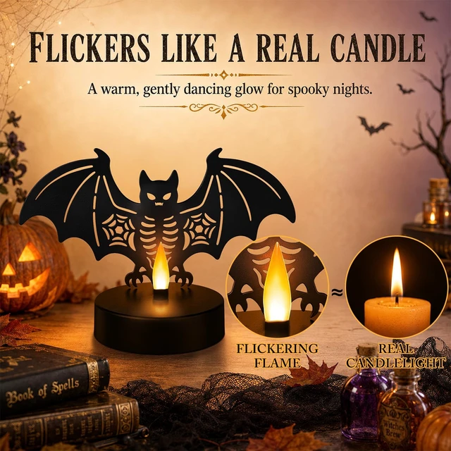 Alt view image 3 of 7 - Halloween Decor, Bat Metal Light with Dancing Flame Effect, Tabletop Decor | Halloween Figurine Lamps, Best Gift for Halloween Lovers, Indoor Party Decor