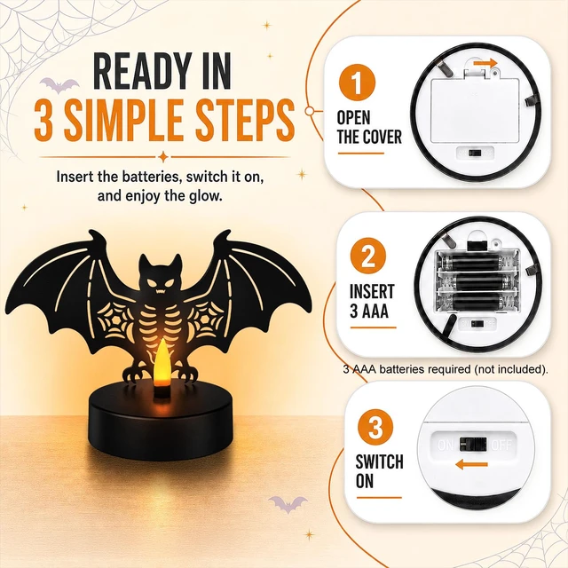 Alt view image 4 of 7 - Halloween Decor, Bat Metal Light with Dancing Flame Effect, Tabletop Decor | Halloween Figurine Lamps, Best Gift for Halloween Lovers, Indoor Party Decor