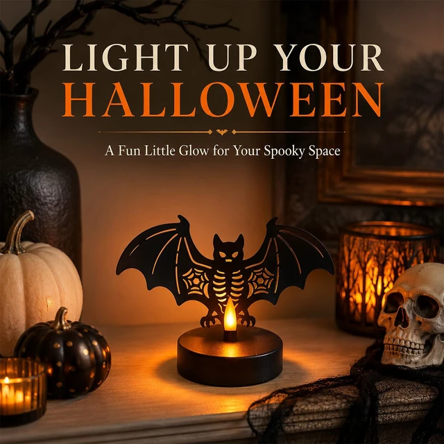 Alt view image 5 of 7 - Halloween Decor, Bat Metal Light with Dancing Flame Effect, Tabletop Decor | Halloween Figurine Lamps, Best Gift for Halloween Lovers, Indoor Party Decor