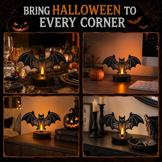 Alt view image 6 of 7 - Halloween Decor, Bat Metal Light with Dancing Flame Effect, Tabletop Decor | Halloween Figurine Lamps, Best Gift for Halloween Lovers, Indoor Party Decor