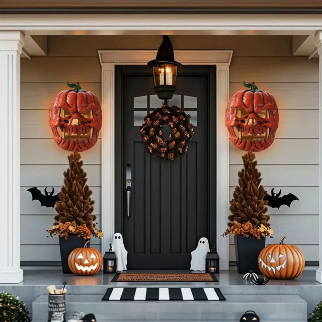 Alt view image 5 of 7 - 2 Pack Halloween Porch Light Covers, Halloween Decorations Outdoor Skeleton Porch Light Covers, Halloween Pumpkins Ornament for Porch, Garage, Front Door, Outdoor, Ceiling Lamp