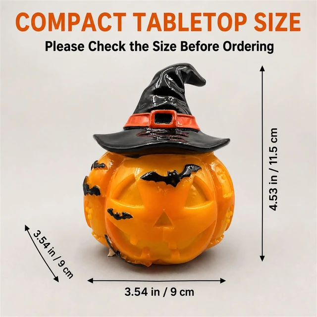 Alt view image 2 of 7 - Light Up Pumpkin Lantern with Witch Hat, USB-Powered Halloween Decor | USB-powered resin pumpkin lantern with a witch hat and bat details, creating a decorative Halloween glow for indoor displays.