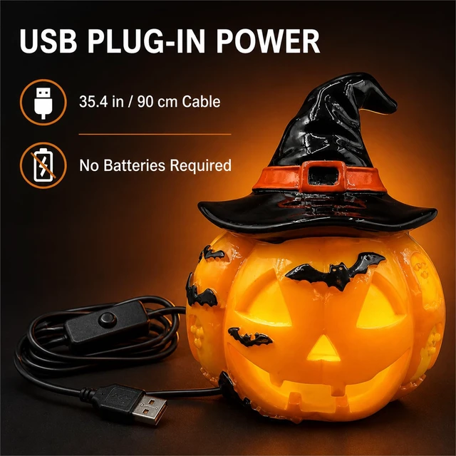 Alt view image 3 of 7 - Light Up Pumpkin Lantern with Witch Hat, USB-Powered Halloween Decor | USB-powered resin pumpkin lantern with a witch hat and bat details, creating a decorative Halloween glow for indoor displays.