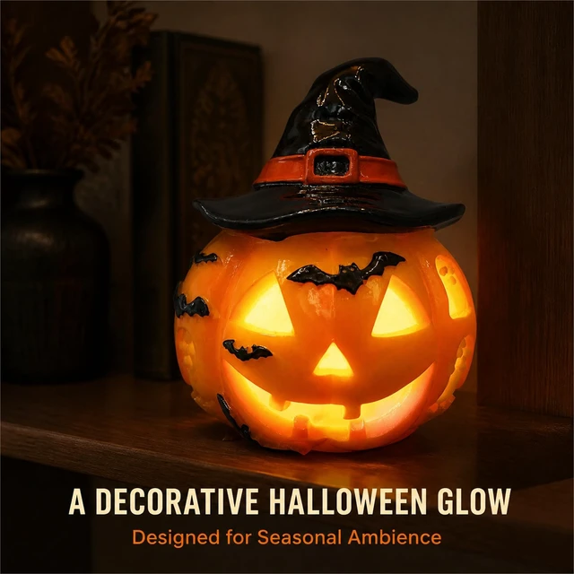 Alt view image 5 of 7 - Light Up Pumpkin Lantern with Witch Hat, USB-Powered Halloween Decor | USB-powered resin pumpkin lantern with a witch hat and bat details, creating a decorative Halloween glow for indoor displays.