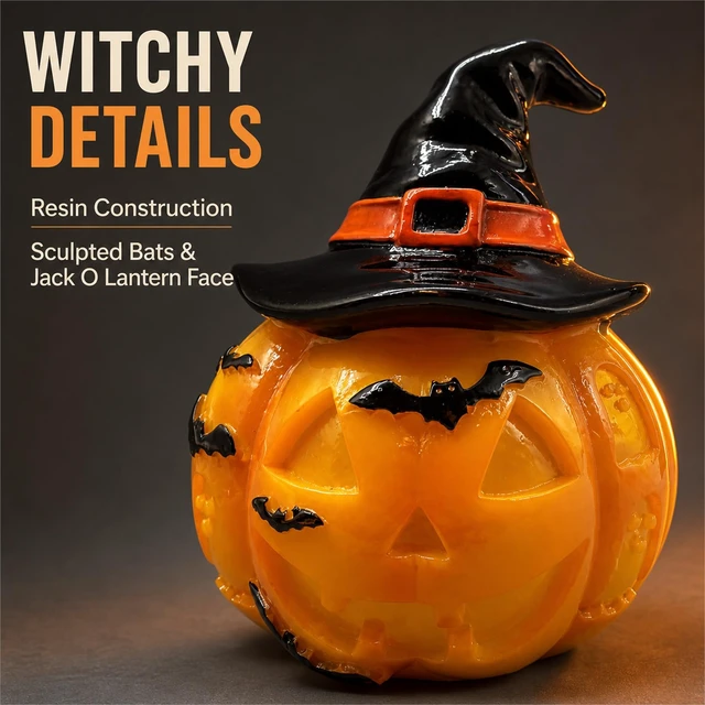 Alt view image 4 of 7 - Light Up Pumpkin Lantern with Witch Hat, USB-Powered Halloween Decor | USB-powered resin pumpkin lantern with a witch hat and bat details, creating a decorative Halloween glow for indoor displays.