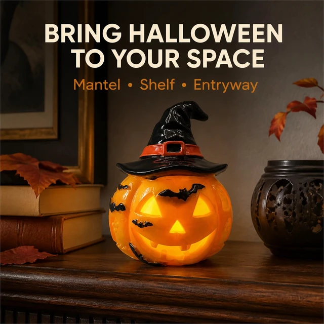 Alt view image 6 of 7 - Light Up Pumpkin Lantern with Witch Hat, USB-Powered Halloween Decor | USB-powered resin pumpkin lantern with a witch hat and bat details, creating a decorative Halloween glow for indoor displays.