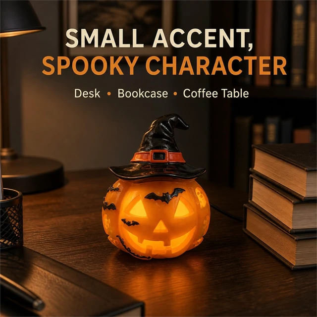 Alt view image 7 of 7 - Light Up Pumpkin Lantern with Witch Hat, USB-Powered Halloween Decor | USB-powered resin pumpkin lantern with a witch hat and bat details, creating a decorative Halloween glow for indoor displays.