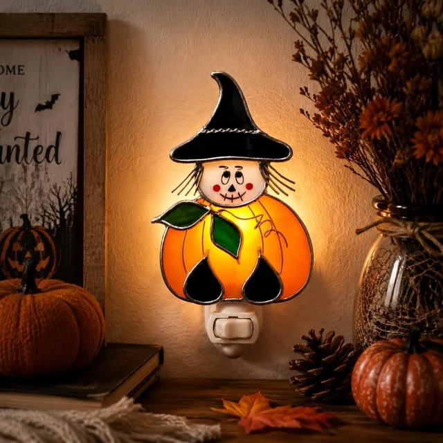 Alt view image 2 of 4 - Pumpkin Witch Night Light - Handmade Halloween Stained Glass Night Light with Silver Finish - Plug in Decorative Nightlight Lamp for Home, Bedroom, Living Room - Halloween & Fall Decor Gift