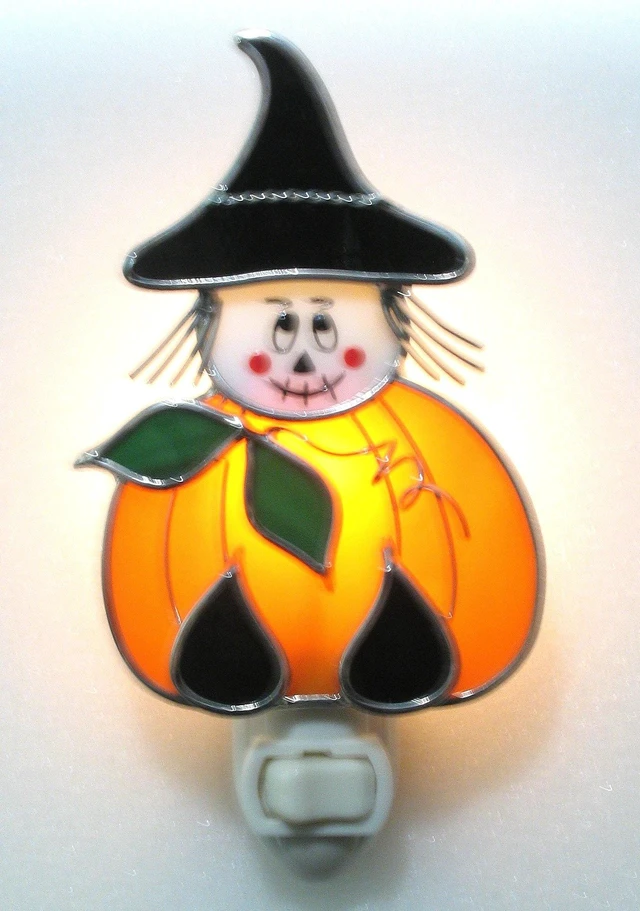 Alt view image 4 of 4 - Pumpkin Witch Night Light - Handmade Halloween Stained Glass Night Light with Silver Finish - Plug in Decorative Nightlight Lamp for Home, Bedroom, Living Room - Halloween & Fall Decor Gift