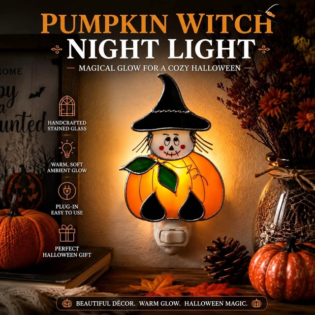 Alt view image 3 of 4 - Pumpkin Witch Night Light - Handmade Halloween Stained Glass Night Light with Silver Finish - Plug in Decorative Nightlight Lamp for Home, Bedroom, Living Room - Halloween & Fall Decor Gift