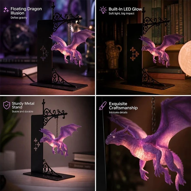 Alt view image 2 of 7 - Halloween Edition Library Shelf Lanterns, Magical Floating Dragon Bookshelf Lamp, Ghost Bookshelf Lantern with Pumpkin & Bat, Decorative Halloween Decor Lamp Book Lover Gift (Floating Dragon)