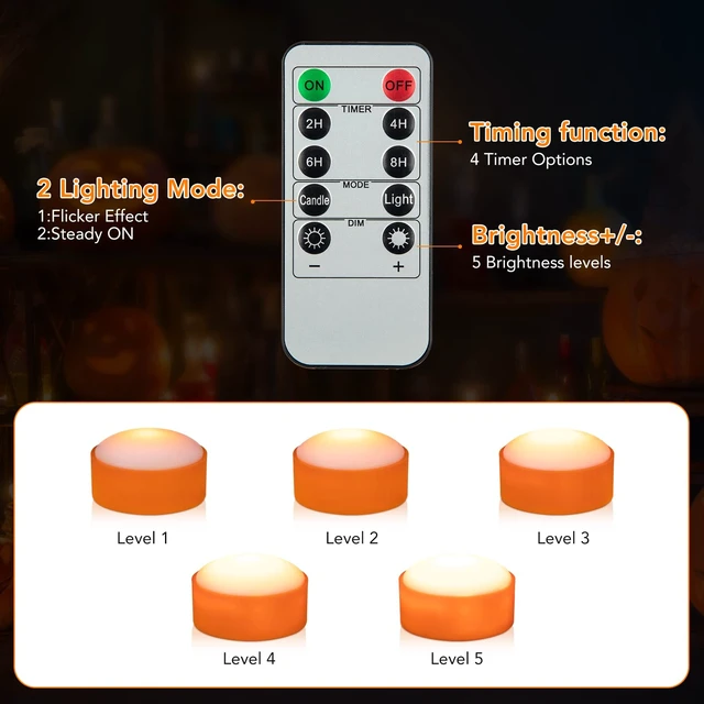 Alt view image 4 of 7 - Flameless Pumpkin Light Battery Operated Jack-O-Lantern Light | with Remote, Timer, Dimmable Flickering, LED Halloween Candle Lights for Halloween Indoor/ Oudoor Decorations, 4 Pack
