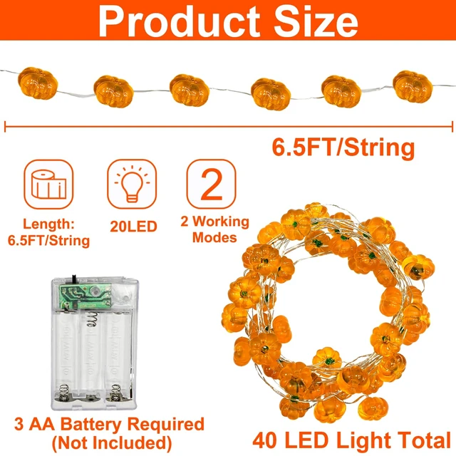 Alt view image 3 of 6 - Fall Decor 2 Pack 3D Halloween Pumpkin Lights Total 13FT 40LED | Fall Decorations for Home Warm White Pumpkin String Lights Battery Operated for Autumn Thanksgiving Harvest Indoor Outdoor