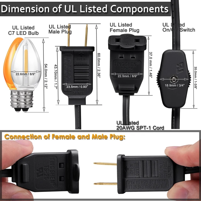 Alt view image 5 of 5 - Clip in Light Cord, Black, 2-Pack 6ft Cord, Christmas Village House Lights | Accessory Cord with Light Bulb, Candelabra-Base E12 Socket, UL Listed, Ceramic Trees Light Lamp Socket