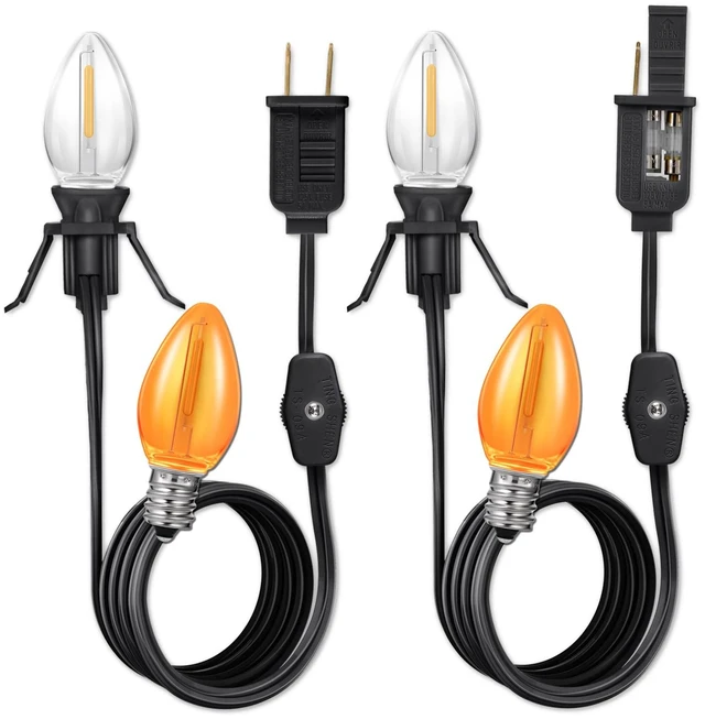 Main image of Clip in Light Cord, Black, 2-Pack 6ft Cord, Christmas Village House Lights | Accessory Cord with Light Bulb, Candelabra-Base E12 Socket, UL Listed, Ceramic Trees Light Lamp Socket