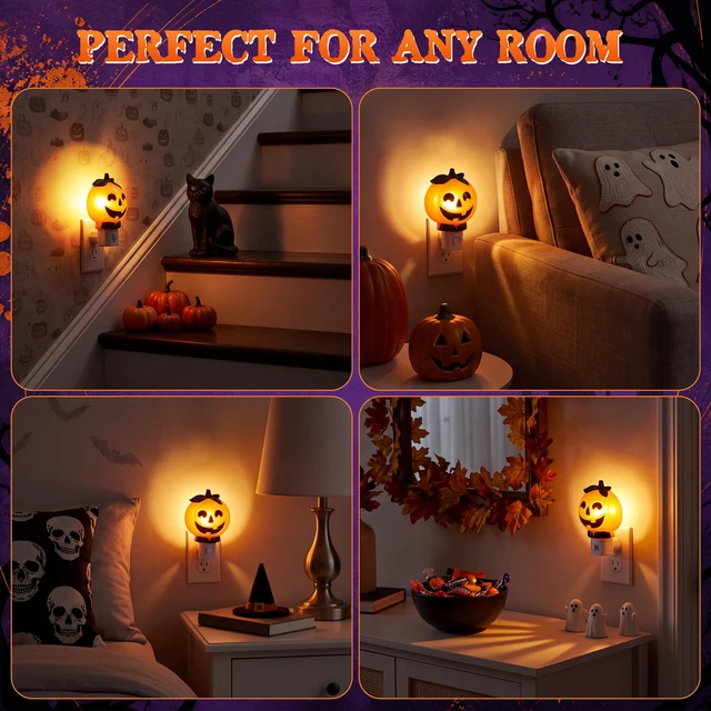 Alt view image 2 of 7 - Halloween Night Light Plug In, Pumpkin Nightlight with 360° Rotatable Plug, Warm Glow Halloween Nightlights with On/Off Switch, Fall Night Light In for Bedroom, Bathroom, Hallway & Home Decor