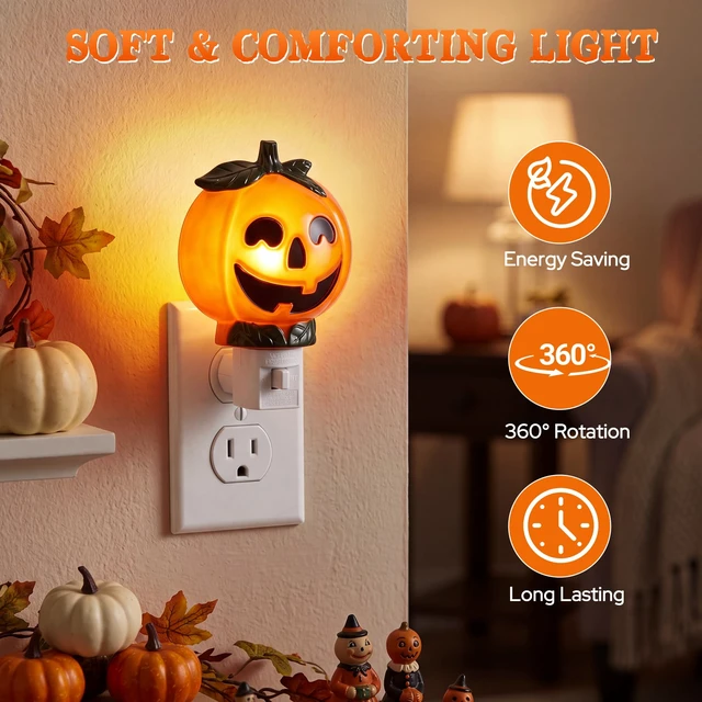 Alt view image 4 of 7 - Halloween Night Light Plug In, Pumpkin Nightlight with 360° Rotatable Plug, Warm Glow Halloween Nightlights with On/Off Switch, Fall Night Light In for Bedroom, Bathroom, Hallway & Home Decor