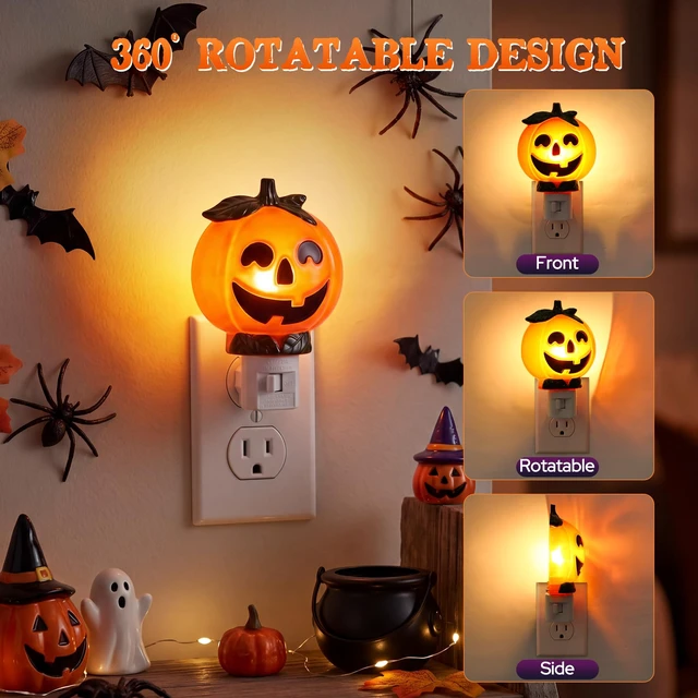 Alt view image 5 of 7 - Halloween Night Light Plug In, Pumpkin Nightlight with 360° Rotatable Plug, Warm Glow Halloween Nightlights with On/Off Switch, Fall Night Light In for Bedroom, Bathroom, Hallway & Home Decor