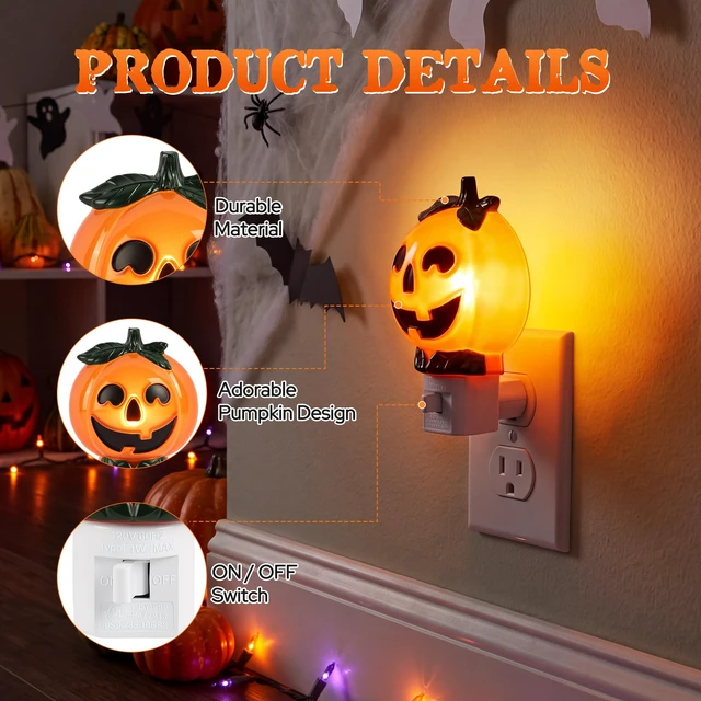 Alt view image 7 of 7 - Halloween Night Light Plug In, Pumpkin Nightlight with 360° Rotatable Plug, Warm Glow Halloween Nightlights with On/Off Switch, Fall Night Light In for Bedroom, Bathroom, Hallway & Home Decor