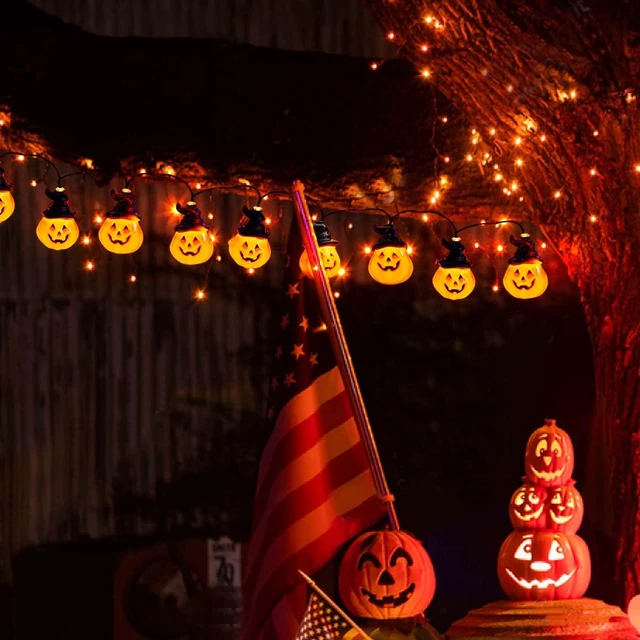 Alt view image 5 of 7 - Solar Pumpkin String Lights - 30 LED Spooky Outdoor Halloween Yard Decor for Porch & Camper Party