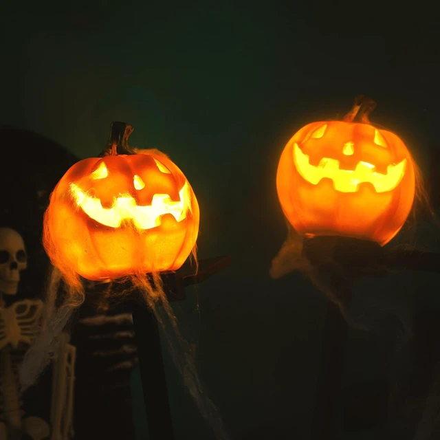 Alt view image 2 of 6 - 2 Pcs Halloween Solar Lights Pumpkin, Jack O Lantern Solar Lights | Orange Pumpkin Pathway Lights, Halloween Pumpkin Stakes, LED Solar Powered Waterproof, for Outdoor Yard Front Porch Decor