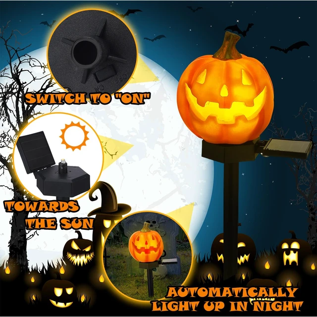 Alt view image 3 of 6 - 2 Pcs Halloween Solar Lights Pumpkin, Jack O Lantern Solar Lights | Orange Pumpkin Pathway Lights, Halloween Pumpkin Stakes, LED Solar Powered Waterproof, for Outdoor Yard Front Porch Decor
