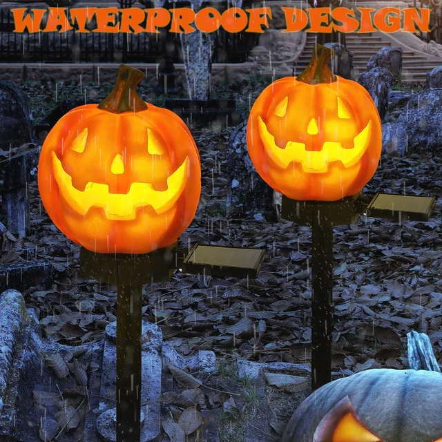 Alt view image 4 of 6 - 2 Pcs Halloween Solar Lights Pumpkin, Jack O Lantern Solar Lights | Orange Pumpkin Pathway Lights, Halloween Pumpkin Stakes, LED Solar Powered Waterproof, for Outdoor Yard Front Porch Decor
