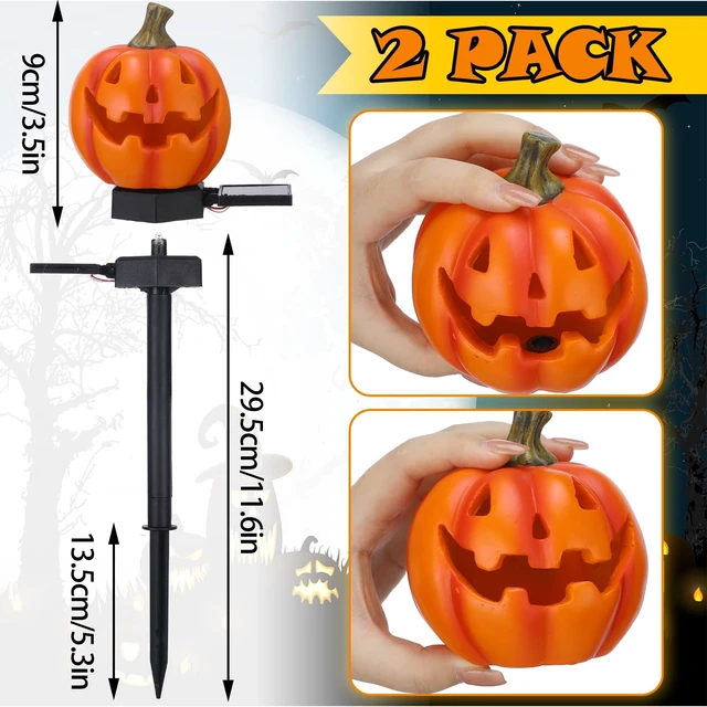 Alt view image 5 of 6 - 2 Pcs Halloween Solar Lights Pumpkin, Jack O Lantern Solar Lights | Orange Pumpkin Pathway Lights, Halloween Pumpkin Stakes, LED Solar Powered Waterproof, for Outdoor Yard Front Porch Decor